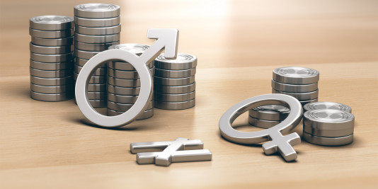 3D illustration of male and female symbols with 2 piles of coins a small one for women and a larger one for men.
